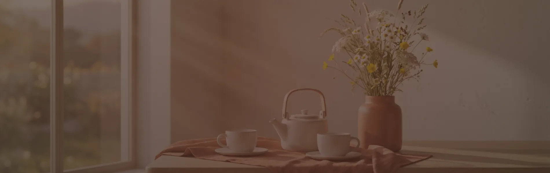 Mesa con tazas y flores en luz cálida, Abba Shirley